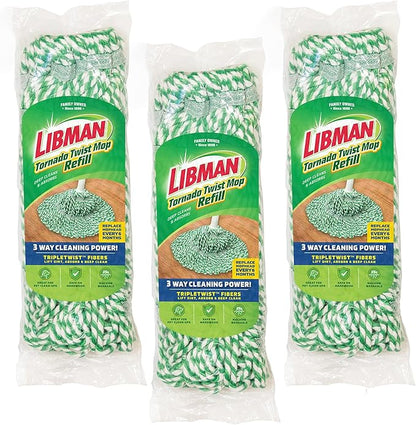 Libman Tornado Mop Refill, Direct Replacement Head for Libman Self Wringing Twist Mop, Cotton, Machine Washable, 3 Pack