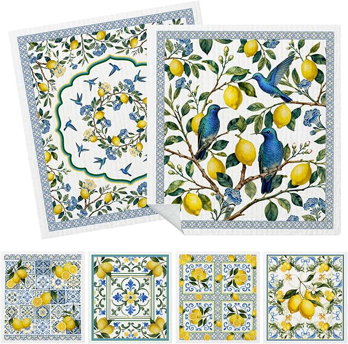 Mixed Blue Tiles Lemons Swedish Kitchen Dishcloths Dish Towels 6 Pack, Farmhouse Lemon Dish Towels, Swedish Dishcloth, Paper Towels Reusable, Dish Cloth Towel Cleaning Wipe for Home Kitchen