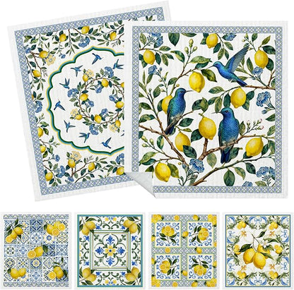 Mixed Blue Tiles Lemons Swedish Kitchen Dishcloths Dish Towels 6 Pack, Farmhouse Lemon Dish Towels, Swedish Dishcloth, Paper Towels Reusable, Dish Cloth Towel Cleaning Wipe for Home Kitchen