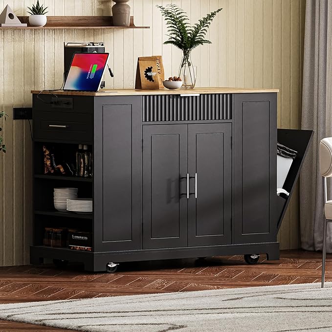 48.5" Kitchen Island with Trash Can Storage Cabinet, Power Outlet, Internal Storage Rack, Rolling Kitchen Islands Cart on 5 Wheels with 3 Drawers, 3 Open Side Racks, Black