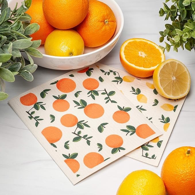Swedish Dishcloths 4-Pack, Reusable Kitchen Cleaning Cloths, Eco-Friendly Sponges with Citrus Lemon Orange Print, Machine Washable 7.87x6.88 inch