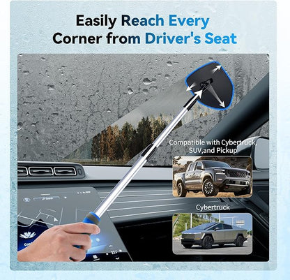 XINDELL Windshield Cleaner Tool, Car Window Cleaning Kit with 5 Reusable Microfiber Pads, Extendable Handle & 360° Rotating Head, Safety Hammer, Streak-Free Auto Glass Wiper for Car Truck SUV RV