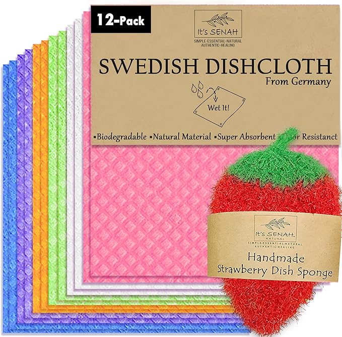 [12Pack+1Loofah Dish Sponge] 100% Natural Biodegradable Swedish Dishcloths for Kitchen | No-Discoloration, No-Odor, Super Absorbent Dish Sponge | Paper Towel, Dust Wipes Replacement