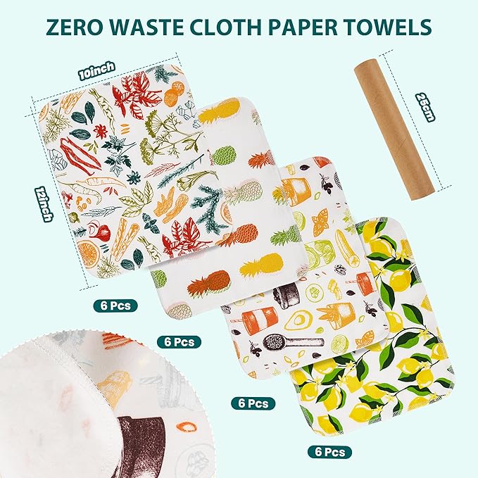 Reusable Paper Towels Washable Roll of 24 Paperless Kitchen Cotton Cloth - Super Soft Zero Waste Paper Towel Replacement