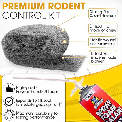 [Upgraded] Rodent Barrier Kit, Steel Wool Included PU Spray Foam Hole Filler for Mice Control 3.2"x7.5’ Rodent Control Fill Fabric, Gloves, Scissors,Gap Blocker in Hole Pipeline Vent in House, Garage