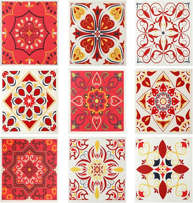 WILLBOND 9 Pack Swedish Kitchen Dishcloths Reusable Absorbent Hand Towels Sponge Cloth for Baking Cooking Home Decoration Kitchen Holiday Red Christmas Xmas Gift
