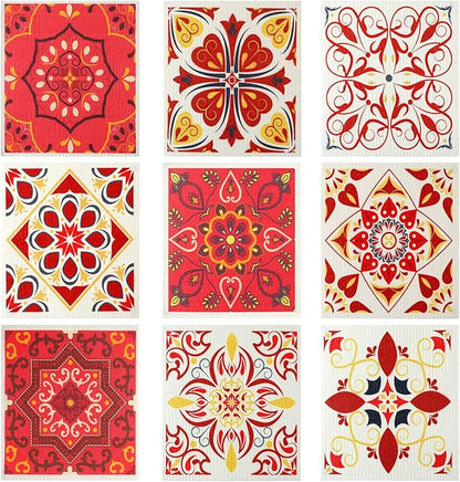 WILLBOND 9 Pack Swedish Kitchen Dishcloths Reusable Absorbent Hand Towels Sponge Cloth for Baking Cooking Home Decoration Kitchen Holiday Red Christmas Xmas Gift