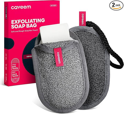 CAVEEM Soap Saver Bag, Rough and Soft Exfoliation Soap Pouch for Bar Soap, Soap Mesh Pocket Bar Holder for Washing Body, Soap Sack Sponge Bag for Shower Bath (2 Pack)