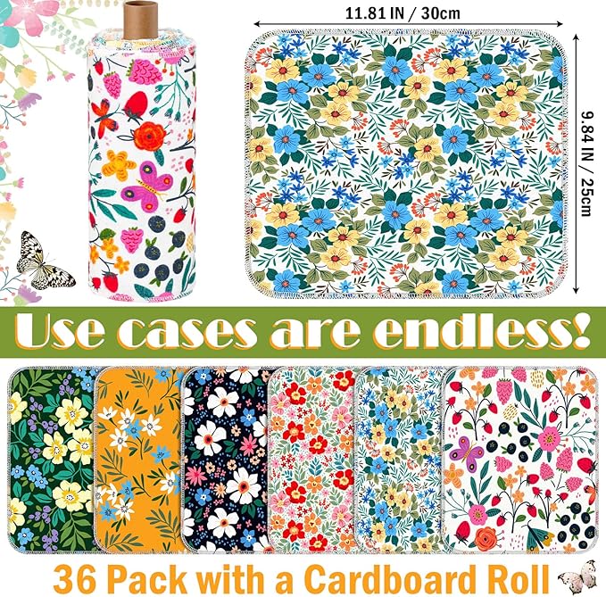 Redbaker 60 Pcs Flower Reusable Paper Towels Rolls Washable Paperless Paper Towels Bulk Cloth Cotton Napkin with Cardboard Reusable Napkins for Kitchen Dishes Bathroom Home Table