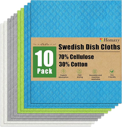Homaxy Swedish Dishcloths for Kitchen, 10 Pack Reusable and Washable Cellulose Sponge Cloths Dish Towels, Absorbent and No Odor Paper Towels for Dishes ＆ Counters, Blue/White/Grey/Green
