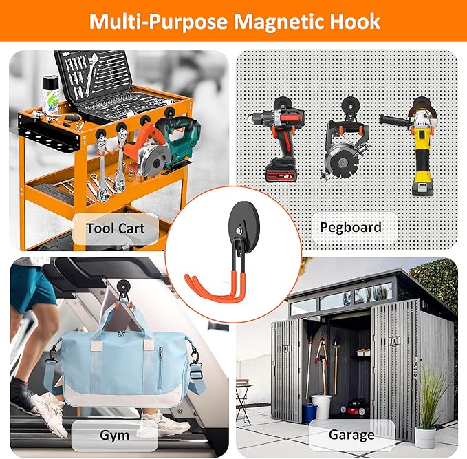 ENUODA Magnetic Hooks Heavy Duty Magnet with Hooks, Large Magnetic Tool Holder for Garage Organization Tool Chest, Shed, Container, Ladder, Broom, Shovel, Hose, Extension Cord, 2PCS