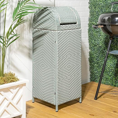 happimess HPM1202C Darla 31.39-Gallon All-Weather Wicker/Metal Swing Top Hideaway Outdoor Trash Can, Mint Blue/White, Classic, Coastal, Casual Wastebin for Backyard, Patio, Porch, Kitchen