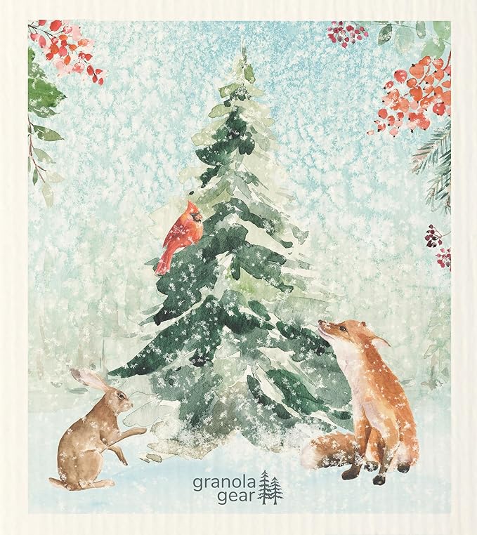 Home by GranolaGear-Christmas Swedish Dishcloths for Kitchen 6-Pack Reusable Paper Towels, Eco-Friendly, Compostable, Biodegradable Dish Wash Cloth Sponge, Holiday Watercolor Snow Art-Winter Cardinal