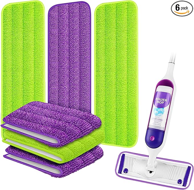 ARSUK Reusable Mop Pads Compatible with Swiffer PowerMop – Washable Velcro Replacement Microfiber Refills for 13''–16'' Spray Mop, Multi-Surface Cleaning Pads (3 Purple + 3 Green)