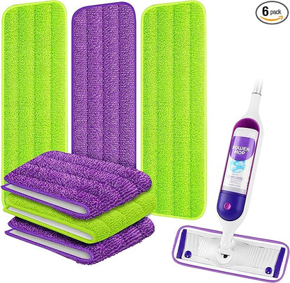 ARSUK Reusable Mop Pads Compatible with Swiffer PowerMop – Washable Velcro Replacement Microfiber Refills for 13''–16'' Spray Mop, Multi-Surface Cleaning Pads (3 Purple + 3 Green)