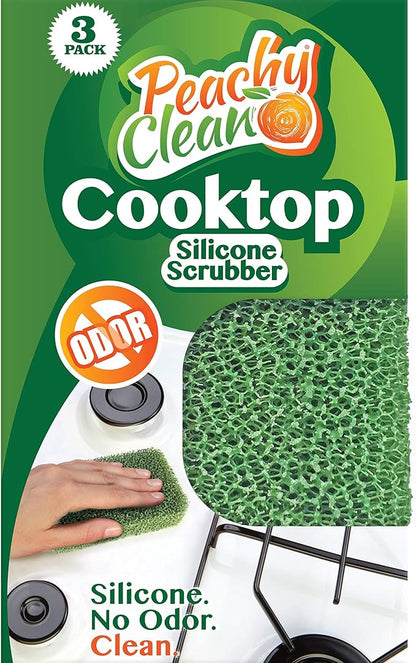 Peachy Clean Silicone Cooktop Sponge Scrubbers, Fresh Peach Scent, Non-Scratch, Odor-Resistant, Durable Household Cleaning Sponges for Dishes, Sinks, & Counter Tops Sponge, 3Pk