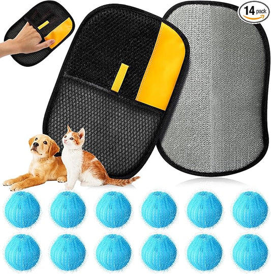 14 Pcs Pet Hair Remover Tool Set Including 2 Removal Gloves and 12 Laundry Catchers Reusable Pet Hair Remover for Furniture Car Couch Clothe Bedding