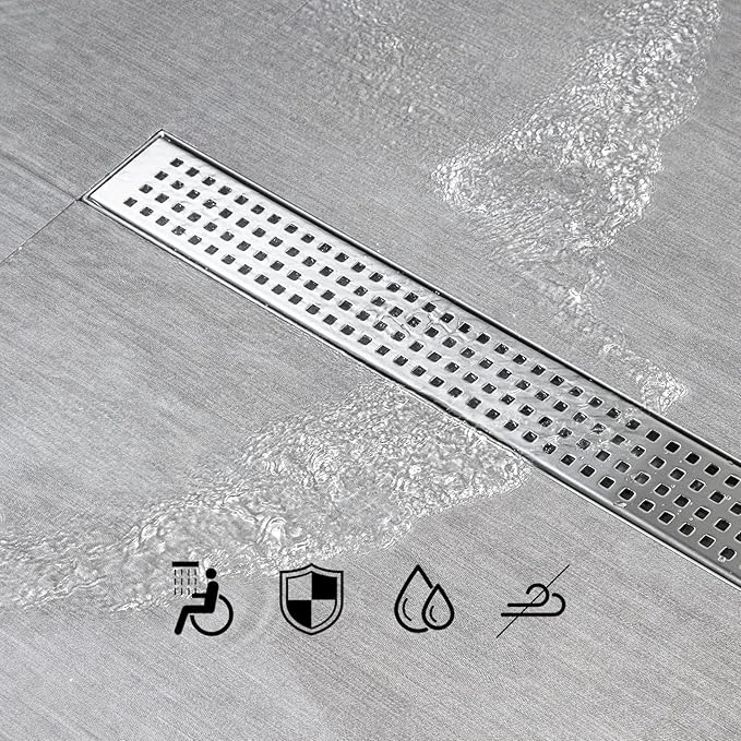 SaniteModar Shower Drain, 20 inch Linear Shower Drain with Removable Square Hole Panel, AISI 304 Stainless Steel Brushed Shower Floor Linear Drain with Adjustable Feet and Hair Strainer
