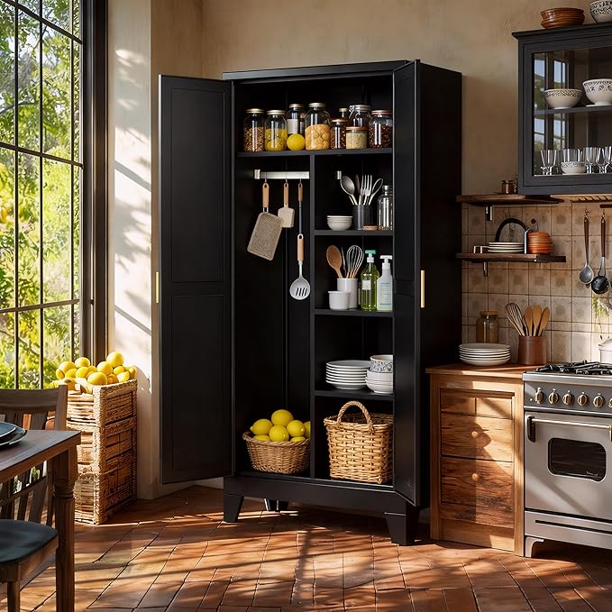 71" H Metal Garage Storage Cabinets,Broom Closet Storage Cabinet,Utility Cabinet,Black Storage Cabinets