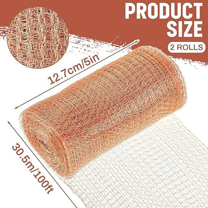 Gisafai 5" x 200 ft Copper Mesh Rodent Control Copper Wool for Slugs Rustproof DIY Hole Filler Pure Wire Mesh for Bat Snail Bird Pest Rodent Control Gap Blocker Fill Fabric Hole Gardening (2 Roll)