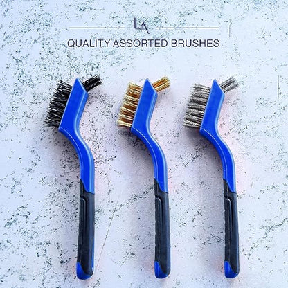 Lavaxon Wire Brush Set 3Pcs - Nylon/Brass/Stainless Steel Bristles with Curved Handle Grip for Rust, Dirt & Paint Scrubbing with Deep Cleaning – 7 Inches (Blue)