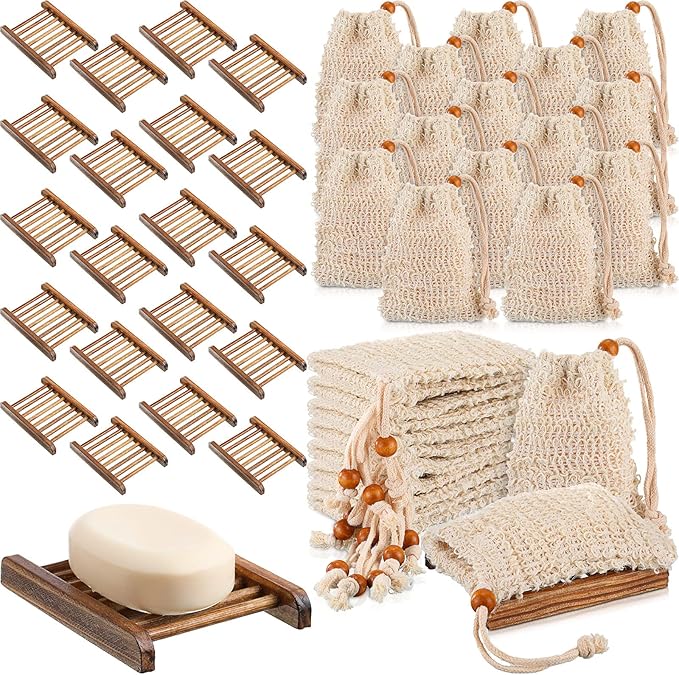 Soap Exfoliating Bag Holder Set Included Bathroom Wooden Soap Dish Pine Wood Soap Holder Tray Natural Bar Soap Pouch Mesh Bath Soap Saver Bag Container (Carbonized Color, 40 Pcs)