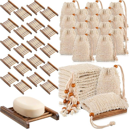 Soap Exfoliating Bag Holder Set Included Bathroom Wooden Soap Dish Pine Wood Soap Holder Tray Natural Bar Soap Pouch Mesh Bath Soap Saver Bag Container (Carbonized Color, 40 Pcs)