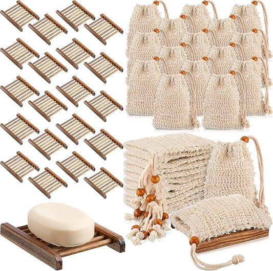 Soap Exfoliating Bag Holder Set Included Bathroom Wooden Soap Dish Pine Wood Soap Holder Tray Natural Bar Soap Pouch Mesh Bath Soap Saver Bag Container (Carbonized Color, 40 Pcs)
