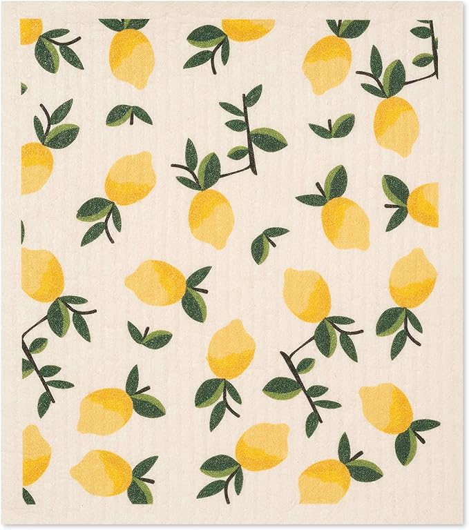 Swedish Dishcloths 4-Pack, Reusable Kitchen Cleaning Cloths, Eco-Friendly Sponges with Citrus Lemon Orange Print, Machine Washable 7.87x6.88 inch