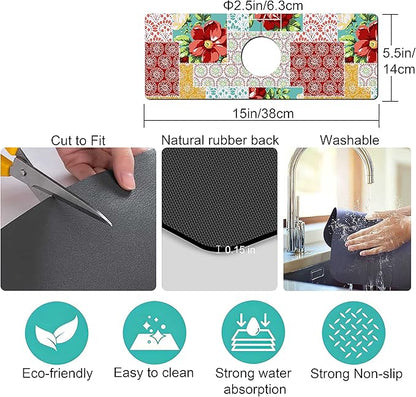 Kitchen Sink Splash Guard Faucet Mat Super Absorbent Fast Drying Mat Sink Gadgets Splash Guard Behind Faucet Drip Catcher for Kitchen (Boho Trellis, 15x5.5in)