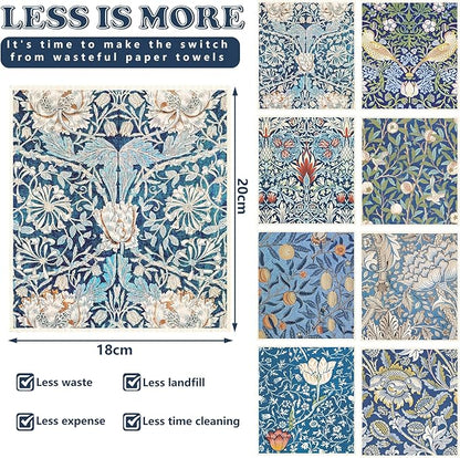 8Pcs Blue Floral Swedish Dishcloths Cotton Kitchen Towel Vintage Flower Absorbent Dish Towel for Home Kitchen Housewarming Cleaning, 7 x 8 Inch