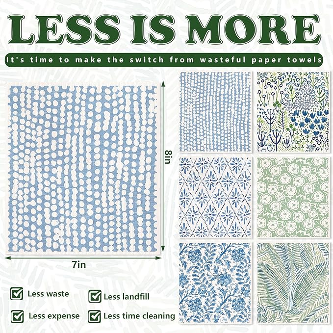 AnyDesign 6 Pcs Green Blue Floral Swedish Dishcloths Spring Flower Cotton Kitchen Towel Reusable Absorbent Dish Towel for Home Kitchen Housewarming Cleaning, 7 x 8 Inch
