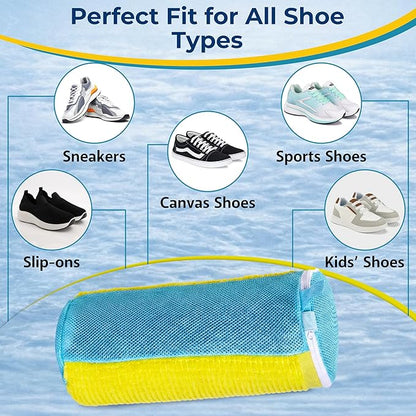 Shoe Washing Machine Bag, 2 Pcs Cylindrical Laundry Shoe Bag for Washer and Dryer with Adjustable Shoe Trees, 360 Deep Cleaning Sneaker Washing Bag with Zipper, Fits All Shoe Types and Sizes, Yellow