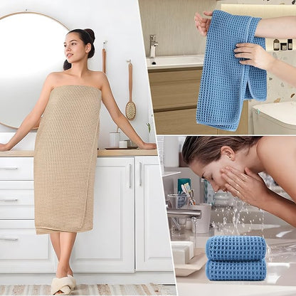 POLYTE 430 GSM Microfiber Quick Dry Lint Free Oversize Bath Towel Set, 6 Piece (Waffle Weave)