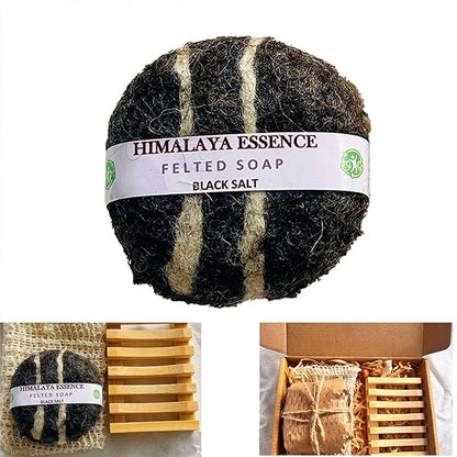Handmade Felted Soap with Tibetan Yak Milk & Wool - Natural Exfoliating Bar for Face & Body, 6 Scents, Includes Bamboo Dish & Travel Pouch (Black Salt)