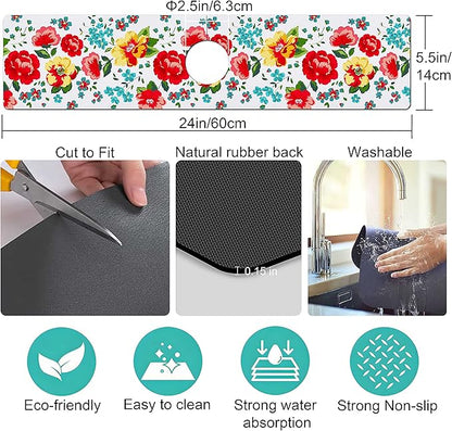 Kitchen Sink Splash Guard Faucet Mat Super Absorbent Fast Drying Mat Sink Gadgets Splash Guard Behind Faucet Drip Catcher for Kitchen (Beautiful Flower, 23.5x5.5in)