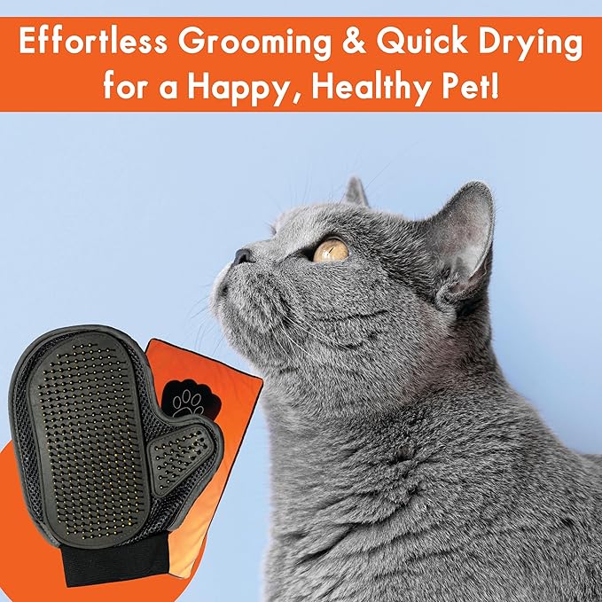 Pet Grooming Mitt and Towel Set - Deshedding Glove for Dogs and Cats - Massage and Remove Pet Hair - Ideal for Small to Medium Dogs and Cats