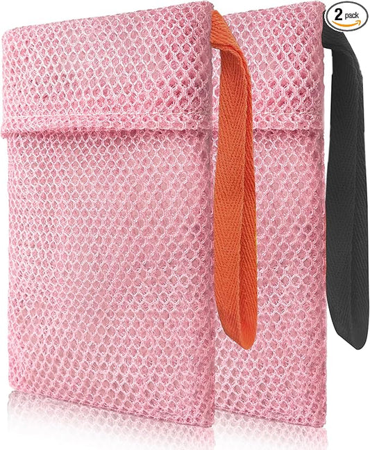 2 Pack Soap Bag Deep Exfoliating,Bar Soap Pouch Saver Pocket,Body Scrubber Shower Bath Sponge Loofah (Pink)