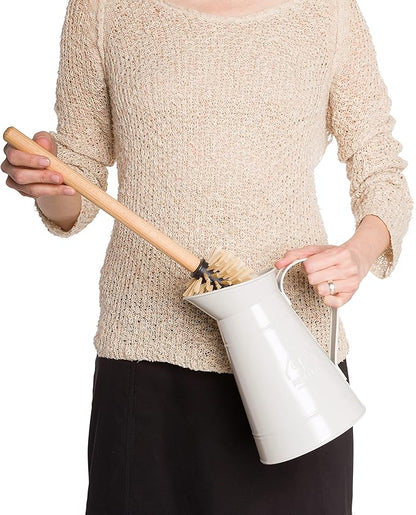 Redecker White Coated Metal Toilet Brush Set with High Grade Nylon Toilet Brush with Oiled Beechwood Handle, Replaceable Head, Vintage Design with Handle and Spout, Made in Germany