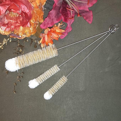 NewFerU Stainless Steel Soda Bottle Cleaning Brush Set in Natural Boar Bristle Wool Tip Long Handle, Flexible Bendable Thick Wire Cleaner for Narrow Neck Water Baby Bottles Straw Pipe Tube Flask (3)