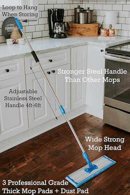 Zflow 18" Professional Microfiber Mop - Commercial Stainless Steel Handle with Microfiber Dust Pad + 3 Wet Pads