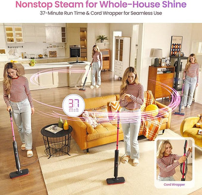 Schenley Steam Mop Cleaner Powerful - 15s Fast Heat-Up, Chemical-Free for Hardwood/Tile/Laminate & Floors/Walls, Washable Pads, 3 Modes for Carpet, Lightweight, Self-Standing, Sleek Design