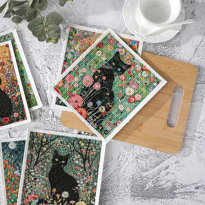 Black Cat Swedish Dishcloths for Kitchen, 6 Pack Reusable Dish Cloths for Washing Dishes, Absorbent Swedish Dish Towels for Home Kitchen Cleaning Fast Drying Washable Dishes Cloths