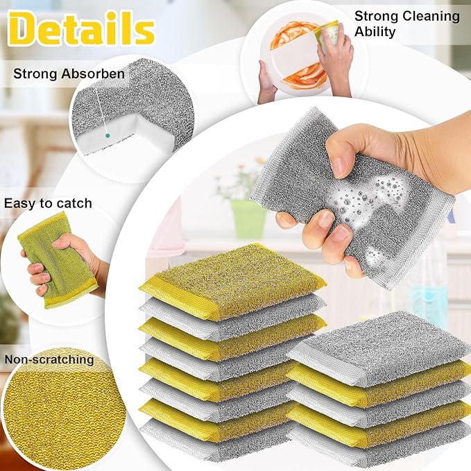 Thyle 24 Pack Kitchen Steel Scrubbing Sponges, Heavy Duty Non Scratch Metal Scrub Pads, Reusable Cleaning Sponges for Dishes, Pots, Pans, Sink and Tough Hard Stains (Gray,Yellow)