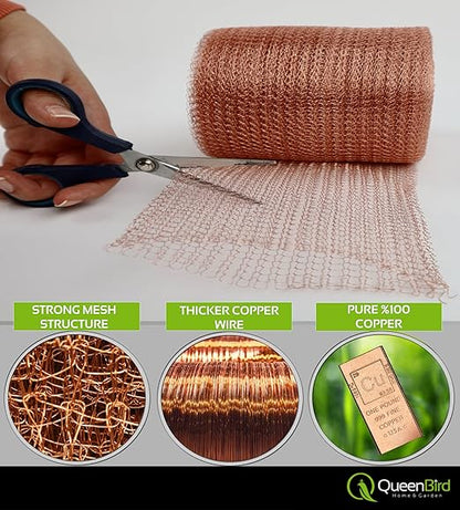 QueenBird Copper Mesh Rodent Control – 5" x 30 ft Roll – 100% Pure Copper for Hole Blocking, Distilling & DIY – Includes Scissors & Tool