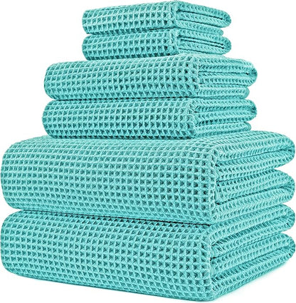 POLYTE 430 GSM Microfiber Quick Dry Lint Free Oversize Bath Towel Set, 6 Piece (Waffle Weave)