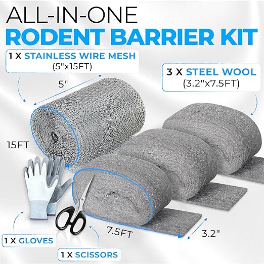 [Upgrade 2-in-1] Steel Wool Mice Control Kit with Stainless Double-Layer Mesh, 3PCS 3.2"x7.5FT Steel Wool & 1PCS 5"x15FT Wire Mesh with Gloves, Scissors, Gap Blocker Mouse Hole Filler for House Garage