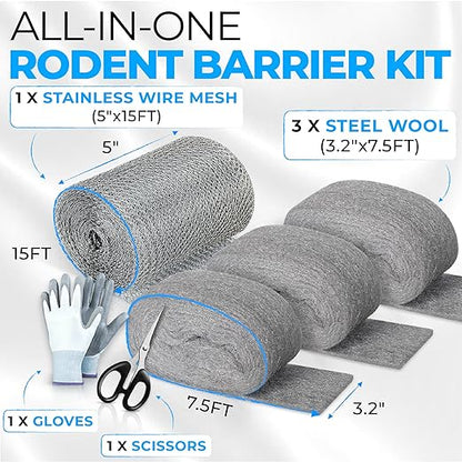 [Upgrade 2-in-1] Steel Wool Mice Control Kit with Stainless Double-Layer Mesh, 3PCS 3.2"x7.5FT Steel Wool & 1PCS 5"x15FT Wire Mesh with Gloves, Scissors, Gap Blocker Mouse Hole Filler for House Garage
