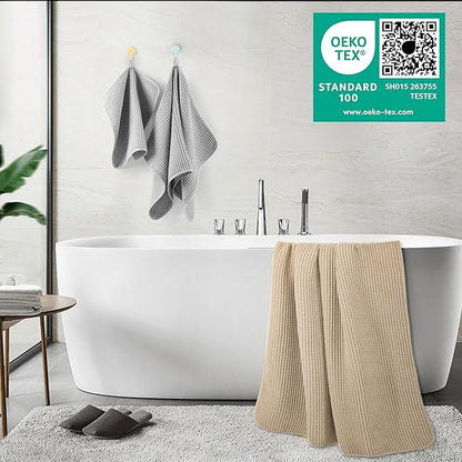 POLYTE 430 GSM Microfiber Quick Dry Lint Free Oversize Bath Towel Set, 6 Piece (Waffle Weave)