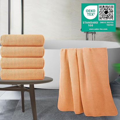 POLYTE 430 GSM Microfiber Oversize Quick Dry Lint Free Bath Towel, 60 x 30 in, 4 Pack (Waffle Weave)